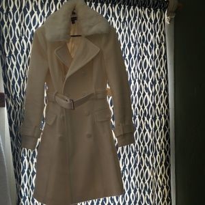 bebe Cream Pea Coat with White Fur Collar